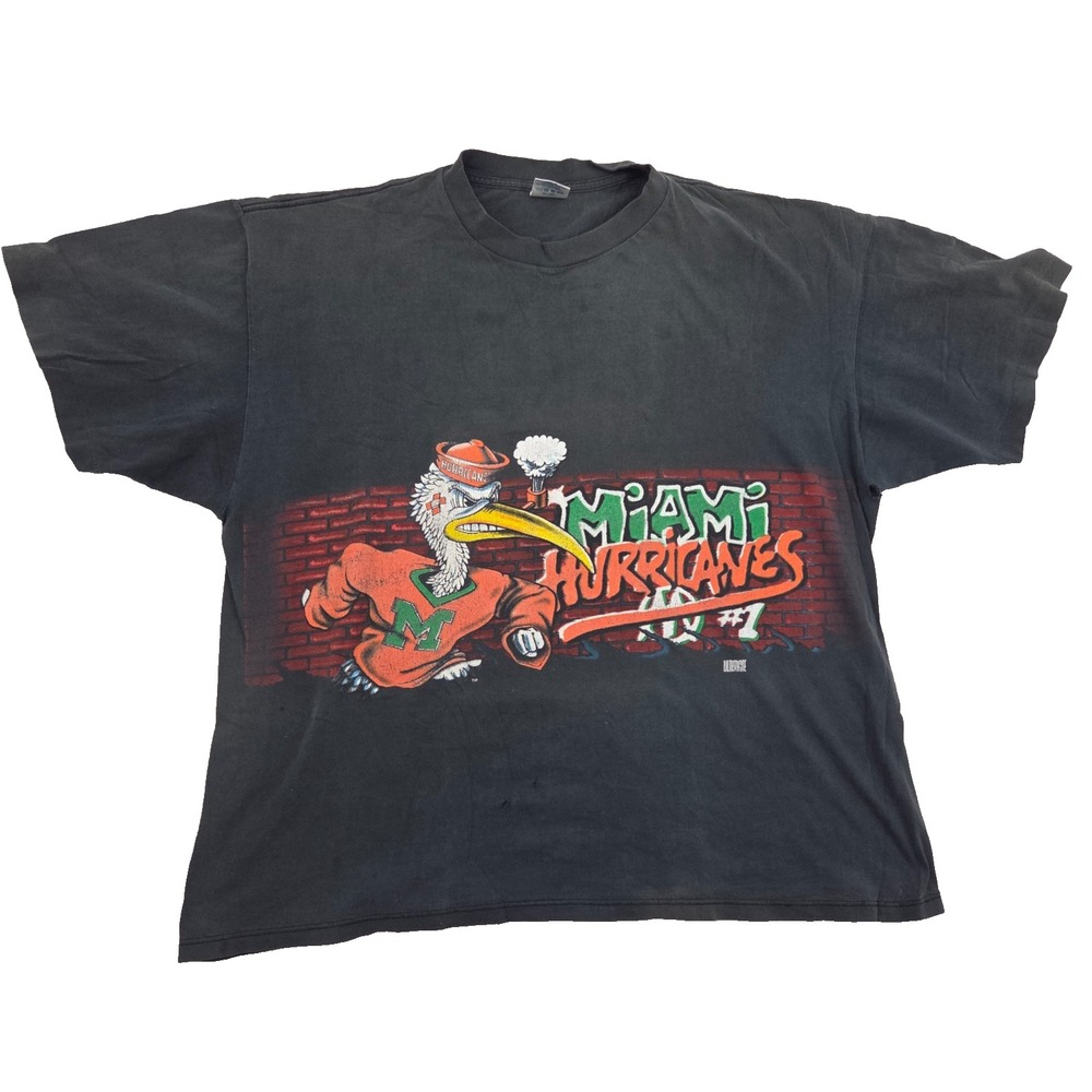 VTG 90s Miami Hurricanes Ultimate Graffiti Wrap Around Print Shirt Sz XXL FADED